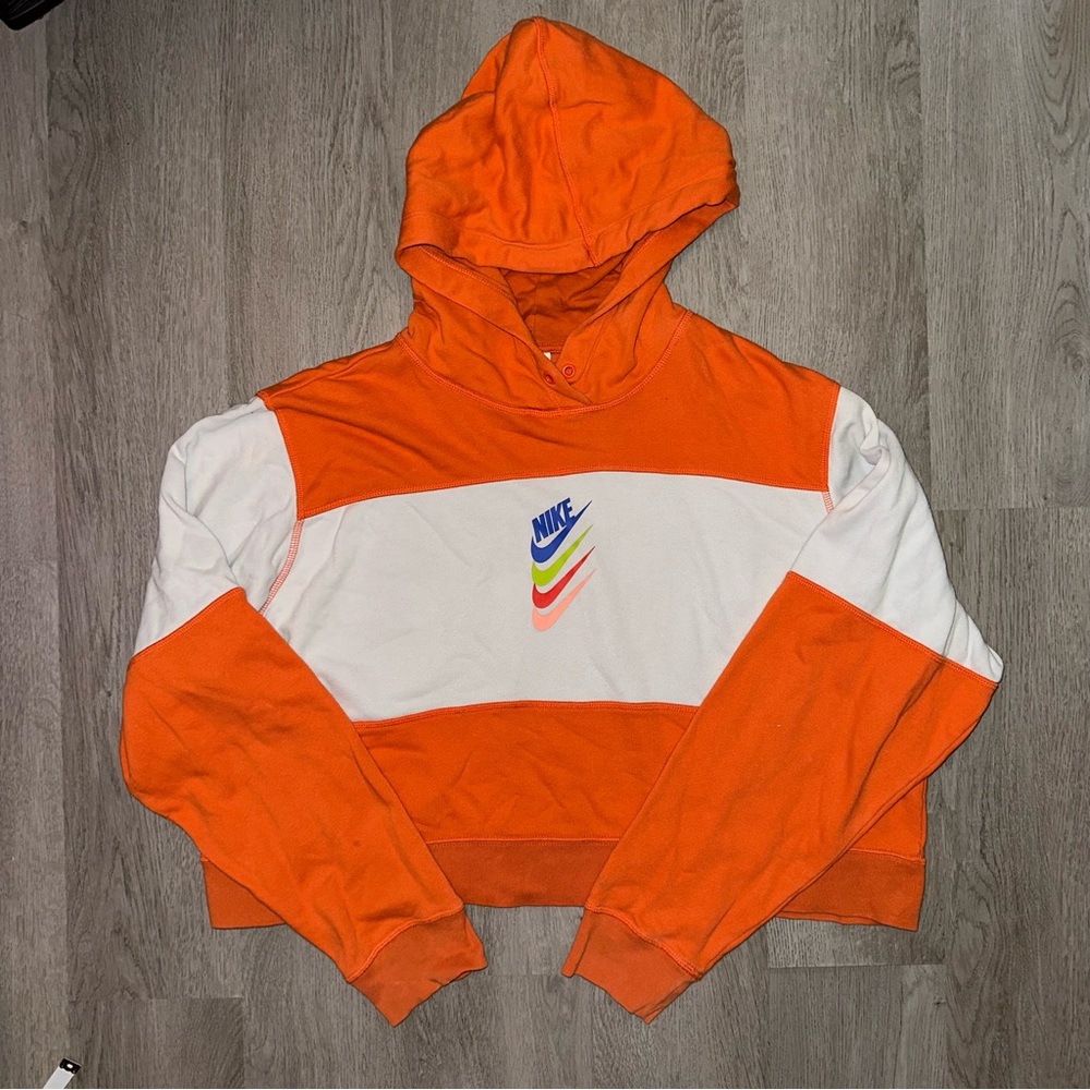 Nike Orange and White Hoodie with Cropped Design